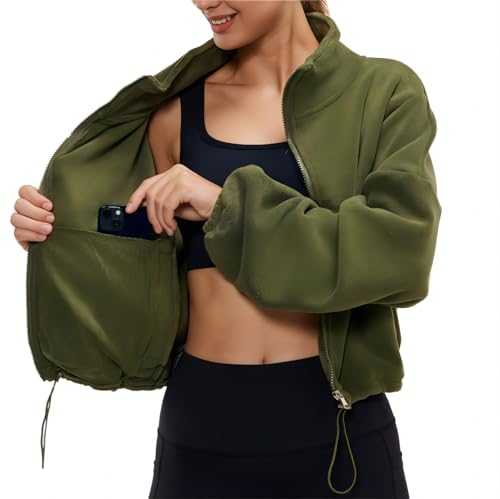 HAOZHIYU Women'S Sweatshirts Sherpa Jacket Zip Crop Top Fuzzy Jacket Full Zip Stand Collar Teddy Crop Coat