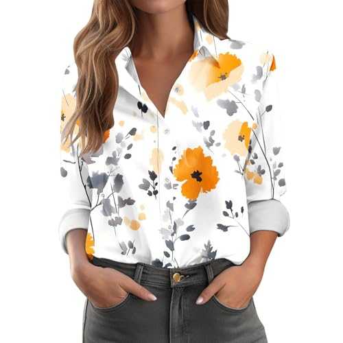 Womens Tops Button Down Shirts Business Casual Work Office Shirt Roll Up Long Sleeve Blouses Floral Print Collared Neck Blouses Dressy Trendy Loose Fit Ladies Tops for Spring Summe