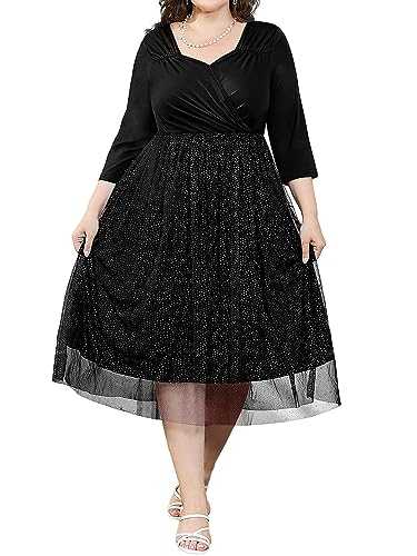 Plus Size Dress for Women Wedding Guest Wrap V Neck Sequin Cocktail Dresses 3/4 Long Sleeve Tulle Prom Evening Formal Dress