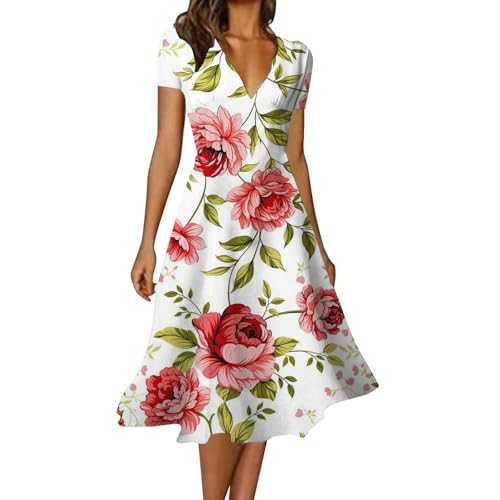 Zhsxertwy Summer Dresses for Women UK Plus Size Women Casual Dress Summer Dress V Neck Dress Short Sleeve Tie Dress Mini Summer Dresses for Women UK