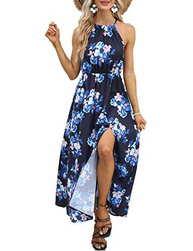 chuangminghangqi Womens Summer Dresses Boho Beach Floral Maxi Dress Halter Neck Sleeveless Split Hem Long Dresses for Women UK Sundress Ladies Holiday Essentials Party Prom Wedding Dress