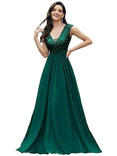 Ever-Pretty Women's V Neck Sequin A Line Floor Length Empire Waist A Line Tulle Long Prom Dresses Dark Green 12UK