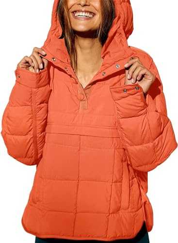Women's Oversized Hooded Puffer Jacket Quilted Lightweight Long Sleeve Coat Winter Warm Padded Pullover (S,Orange)