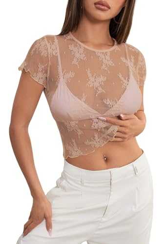 MEROKEETY 2024 Women's Sheer Mesh Short Sleeve Crop Top Crewneck Summer Sexy Lace Y2K See Through Blouse Shirts