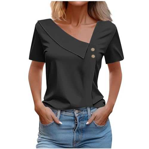 AMhomely Blouses for Women UK Button Collar T Shirt Summer Plus Size Tops Short Sleeve Button Collar Tunic Tops Tees Shirts Loose Solid Pullover Tops Blouse Classic T Shirts Going Out