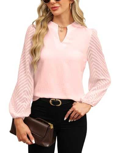 Atxnn Womens Blouse Lace Long Sleeve Tops V-Neck Elegant Shirt Casual Chiffon T-Shirt Loose Solid Color Chic Cuffs Tunic Top for Autumn Spring