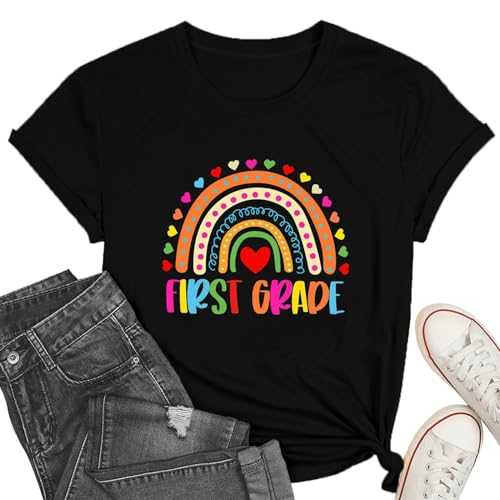 PQZ First Grade Teacher Shirt Women 1st Grade Teachers Tee Teach Heart T-Shirt