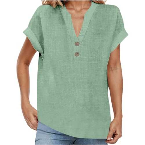 WILLBEST Linen Tops for Women Casual Loose Short Sleeve T-Shirts Round Neck Retro Shirt Summer Tops Flower Print Plus Size Graphic Tees Tunic Tops Business Office Tshirt