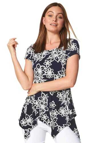 Roman Originals Women Asymmetric Top Ladies Hanky Hem Blouse Shimmer Floral Animal Print Smart Casual Party Evening Sparkle Embellished 3/4 Sleeve Round Neck Christmas