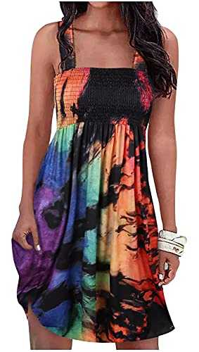 Reverse Tie Dye Rainbow Smocked Spaghetti Strap Summer Mini Dress for Women Casual Beach Sleeveless Swing A Line Dresses