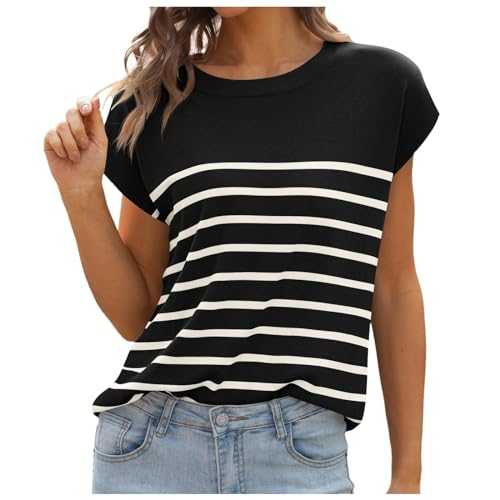 Women's Cap Sleeve Striped Tops Batwing Short Sleeve Summer Crewneck Tee Knit Casual Loose Shirts Vintage Work Blouse V Neck Sweater Women
