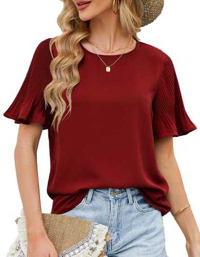 Aifer Womens Blouses Ruffle Short Sleeve Tops Dressy Chiffon Blouse Casual Crewneck Tshirts Plain Shirts Back Keyhole