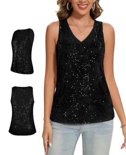 Sequin Vests Top for Womens Sexy Scoop Neck Double Shoulder Straps Sleeveless Full Body Lined Solid Tank Top Evening Party Sparkly Vest Tank Tops