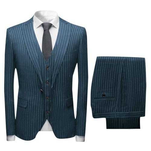 Ulnomio Men's Stripe Wedding Suit Set Office Peak Lapel Single Breasted Button Tuxedos Three-Piece