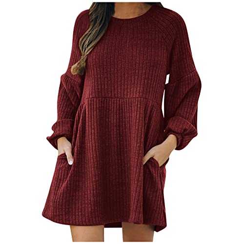 Knitted Dresses for Women UK Midi Jumper Dresses Women Casual Solid Loose Knitted Sweater Mini Dress Long Sleeve Round-Neck Dress Winter Warm Sweater Knitwear Sale Clearance UK Size