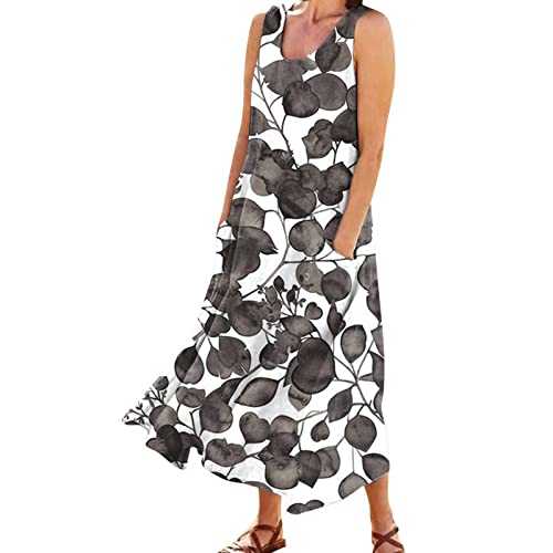 nuoke Linen Dresses for Women UK Party Elegant Casual Solid Color Sleeveless Cotton Linen Long Dress Ladies Trendy Tunic Dresses Vacation Work Cocktail Summer Dress