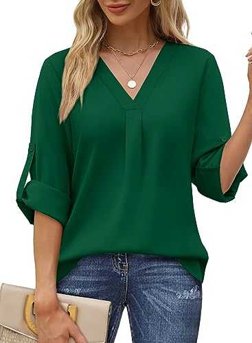 Aokosor Blouse for Women UK Ladies Long Sleeve Top V Neck 3/4 Sleeves Pleated Chiffon Tunic Tops