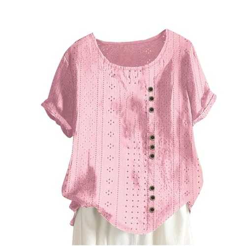 Summer Tops for Women, Linen Button Down Short Sleeve Shirts, Crew Neck, Floral Print, Graphic T-Shirts for Mother's Day, Top Glitter