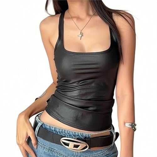 Women's Shiny Crop Top, U Neck Stretchy Sexy Slim Fit Metallic Tank Top Vest, Black Sleeveless Holographic Party Tank Tops Dance Vest Clubwear Club Tank T-Shirt