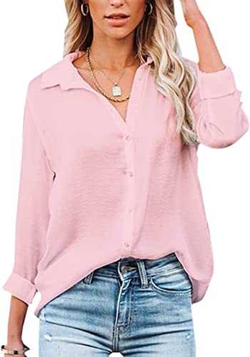 VIGVAN Womens Blouse Casual Long Sleeve Shirt Tops V Neck Button Down Shirts Basic Loose Tunic T Shirts