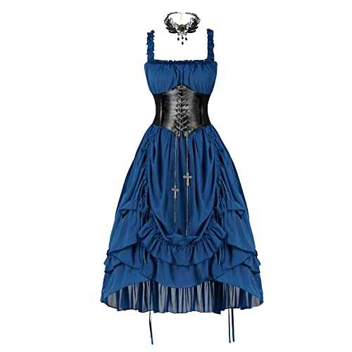 Womens Smocked Dress Steampunk Victoria Renaissance Dress High Low Ruffle Fairy Dress