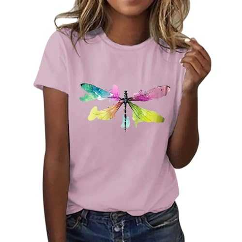 HOOUDO Women’s T-Shirt Summer Crewneck Tops Comfy Short Sleeve T-Shirts Holiday Cotton Shirts Blouse Letter Loose Fit Blouses Tee Plus Size Pullover for Workout