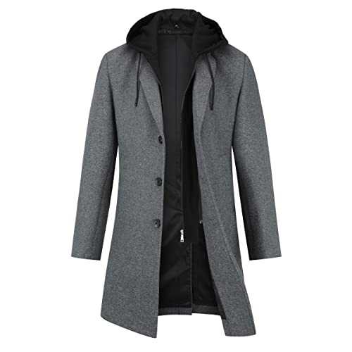 YOUTHUP Men's Slim Fit Wool Coat Winter Elegant Removable Hood Trench Overcoat Thick Peacoat