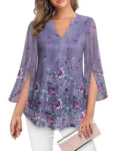 Akiooue Blouse for Women UK Ruffle 3/4 Sleeve Tunic Tops Loose Flowy V Neck Chiffon Top Double Layers Mesh Shirts S-3XL