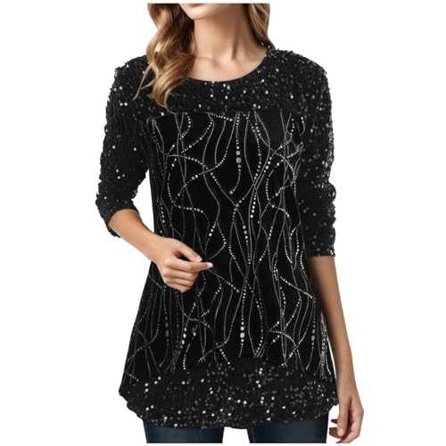 Women Sequin Blouse Shimmer Glitter Shirts Sparkle Tops 3/4 Sleeve Crew Neck Tshirts Loose Fit Elegant Tee Shirt Party Club Casual Soft Comfy Tunic Top Ladies UK Plus Size 8-18