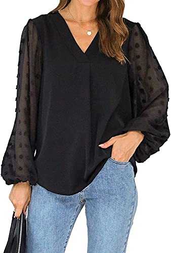 Blooming Jelly Womens Chiffon Blouse Long Sleeve V Neck Shirts Black Oversized T Shirt Tops