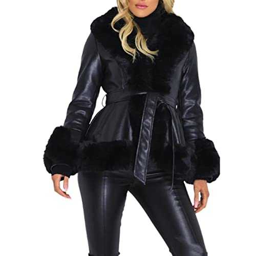 WHZXYDN Women's Black Faux Fur Triangle Coat with Polyester Lining, 4 Pockets, Size Large
