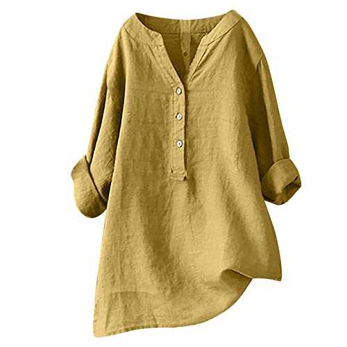 Long Sleeve Tops Womens Casual Cotton Linen Shirts Roll Up Sleeve Button V Neck Blouses Ladies Summer Tops Oversized Loose Plus Size Tees Shirts Baggy Pullover Trendy Outfits