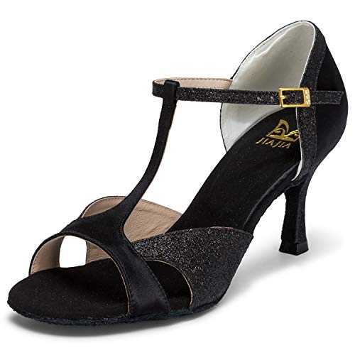 JIA JIA 2055 Latin Women's Sandals 2.7'' Flared Heel Super Satin with Sparkling Glitter Dance Shoes Color Black,Size 1 UK / 34 EU