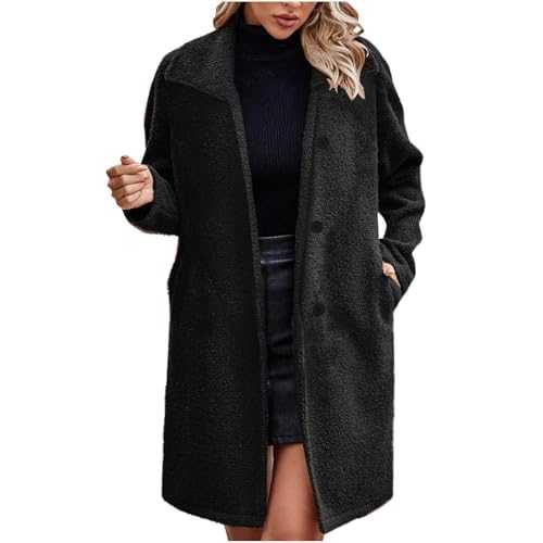 Women's Teddy Bear Coats Single Breasted Buttons Long Trench Coat Faux Fur Fleece Long Jackets Plush Long Sleeve Lapel Collar Winter Coat Warm Sherpa Fluffy Outwear with Pockets