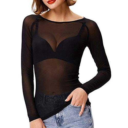 GIIWAKI Womens Mesh Tops Long Sleeve Sheer Tops Mock Neck Fitted Top See Through Lace Top Tee Going Out Tops for Women Clubwear