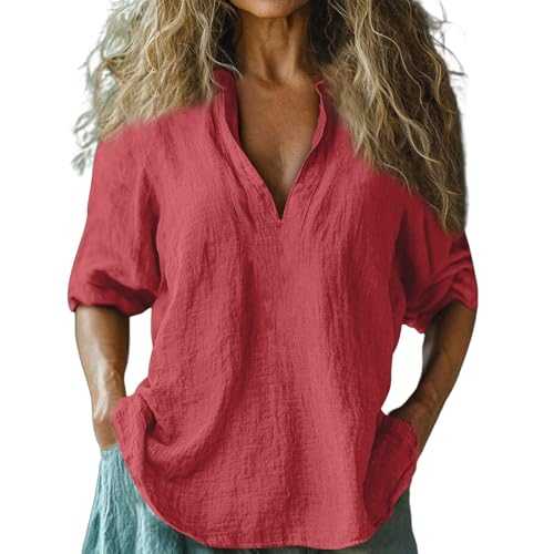 Linen Tops for Women UK Summer Cotton Linen Long Sleeve Blouses Loose Baggy T-Shirt Trendy Casual Tunic Tee Top Plain V Neck Shirts Pullover