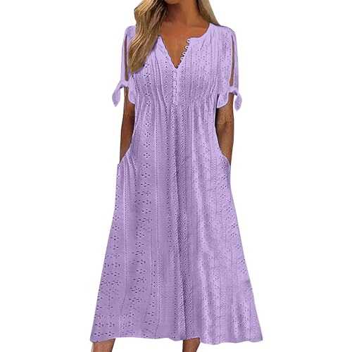 HOOUDO Womens Summer Dresses Loose Fit Holiday Bohemian Dresses Cap Sleeve Crew Neck Summer Dresses Skater Plain Midi Dresses Longline Shirt Dresses