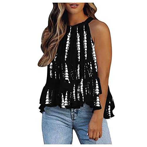 AMhomely Summer Tank Tops for Women UK Party Elegant Blouse Halter Neck Tank Tops Boho Floral Printed Sleeveless Shirt Pleated Casual Camisole Shirts Tops Ladies Vest Tops Basic Cami Tops