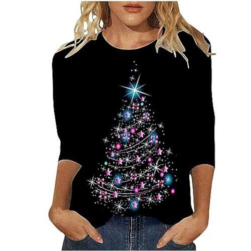 Kiduoua Christmas T Shirts Women UK Clearance Novelty Light Up Christmas Tree Printed Tops Sparkly Wine Glass Xmas Shirts Blouse Casual Pullover Sweatshirt Tunic Tops for Work Officce