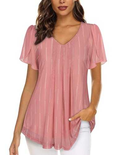 Womens Blouses V Neck Ladies Tops Petal Short Sleeve Chiffon Tops Double Layers Mesh Tunic Tops Casual Shirts