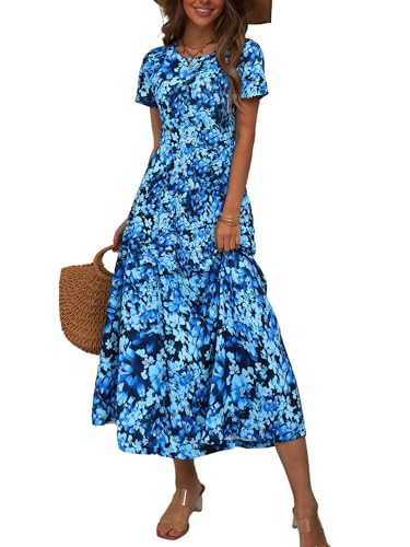 ZABERRY Women's Short Sleeve Round Neck Casual Summer Flowy Maxi Dresses with Pockets