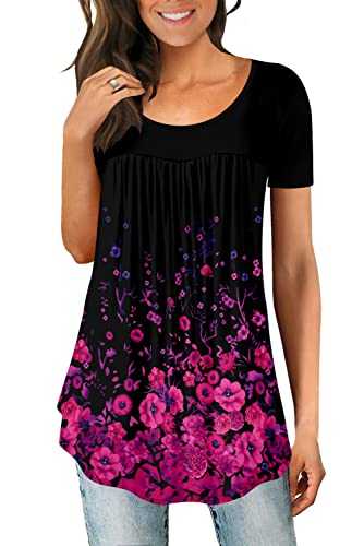 CHICZONE Women's Floral Henley Tunic Blouse for Leggings - Ladies Short Sleeve Top Loose Fit Crew Neck Shirt with Pleated Front Button Up - 95% Polyester Spandex - M, Regular, UK