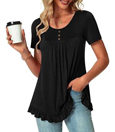 POPYOUNG 2024 Women's Ruffle Hem Shirts Button up Casual Tunic Tops Short Sleeve Blouse T-Shirts