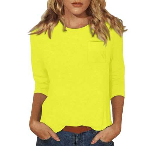Womens 3/4 Length Sleeve Tops Casual Elegant Solid Color Summer T Shirt Tunic Tops Round Neck Baggy Loose Fit Tops