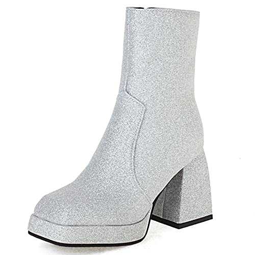 MJIASIAWA Women Party Chunky Heels Wedding Fashion Chelsea Platform Short Boots Zip