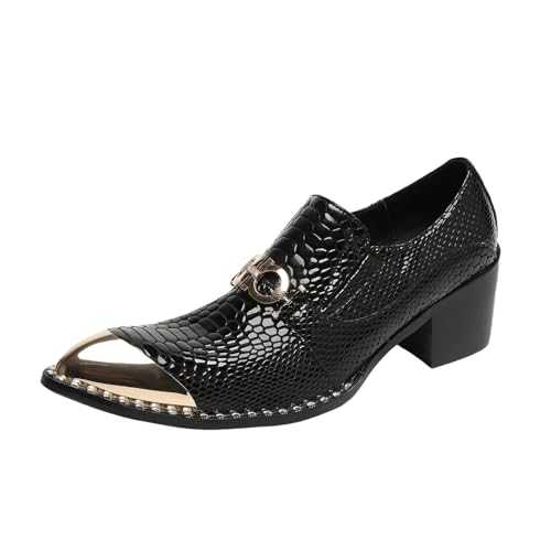 Men's Leather Derby Oxfords Shoes Fashion Slip On Loafers Low Top Metal Pointed Toe Block High Heel Business Wedding Dress Shoes
