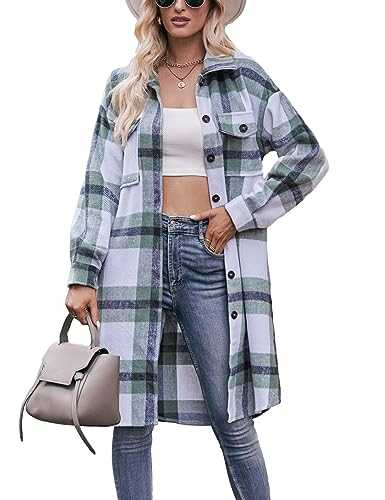 HangNiFang Women's Long Plaid Shacket Jacket Oversized Button Down Shirts Winter Warm Pea Coat