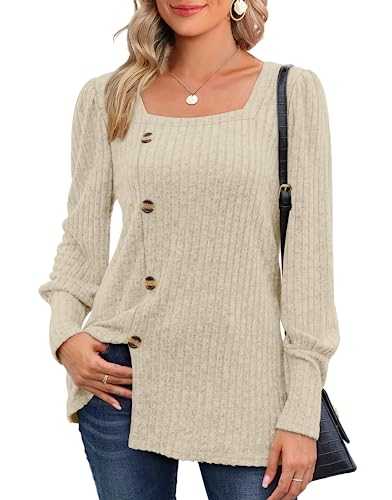 Aokosor Womens Long Sleeve Tops Ladies Lightweight Jumpers Square Neck Front Button Tunic