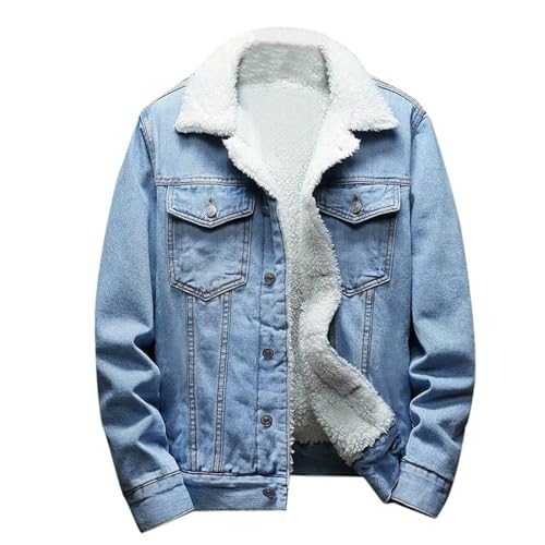 Mens Denim Jacket, Fleece Lined Denim Jackets for Men Casual Long Sleeve Button Down Trucker Jacket Outdoor Casual Wear Loose Fit Outerwear Classic Vintage Washed Jean Coat Plus Size