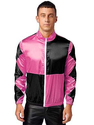 Linjinx Mens Jackets for Horse Trainer Jockey Costume Satin Jackets Front Zipper Contrast Checkerboard Outerwear